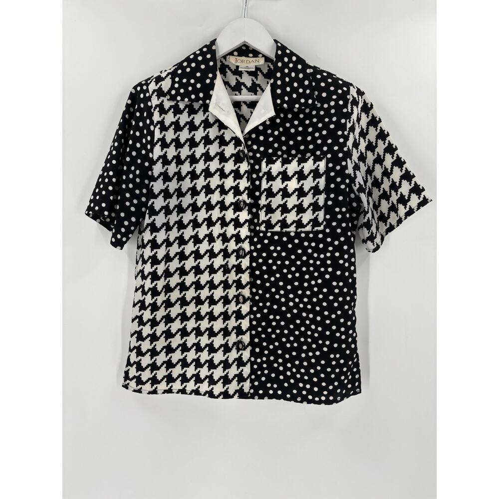 Vintage Jordan 80s Blouse Womens 8 Black White Button Up Houndstooth Polka Dot